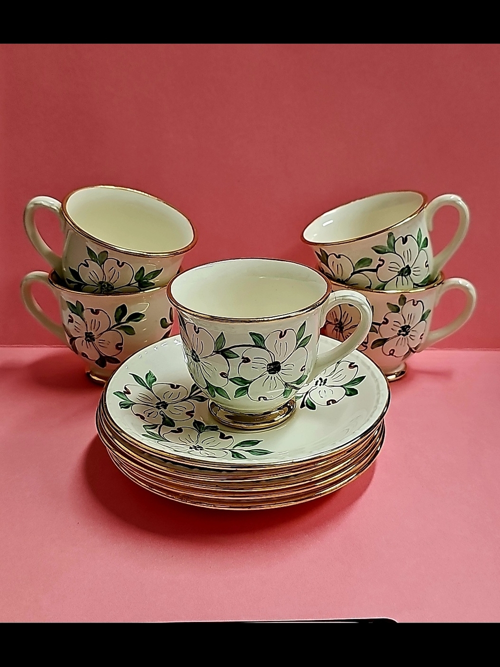 Porcelain DEMITASSE Dogwood Flowers Tea Cup and Saucer with Gold Trim, Set Of 5